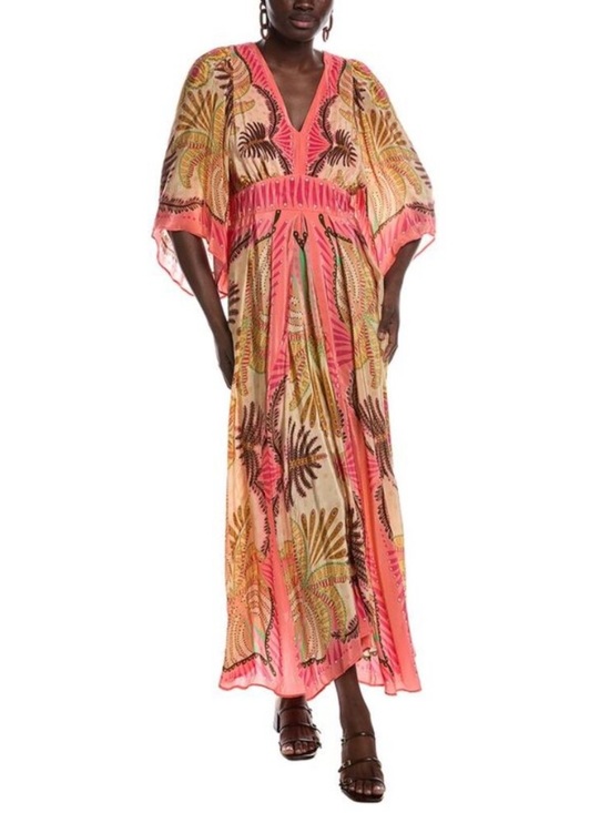 FARM Rio Dresses & Skirts - FARM Rio Palm Scarf Sand Coral Pink & Yellow Tropical Print Maxi Dress, NWT, XL